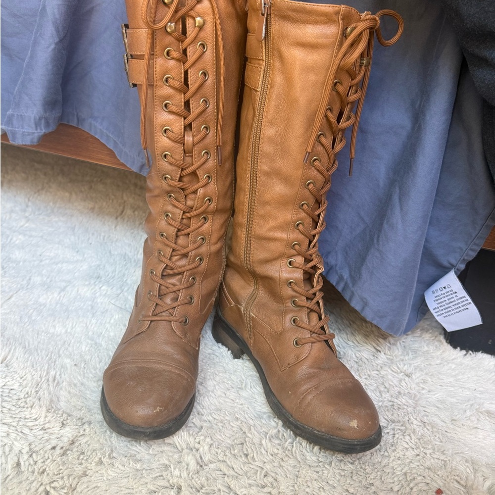 Dream Pairs Tan Lace-Up Knee High Riding Boots